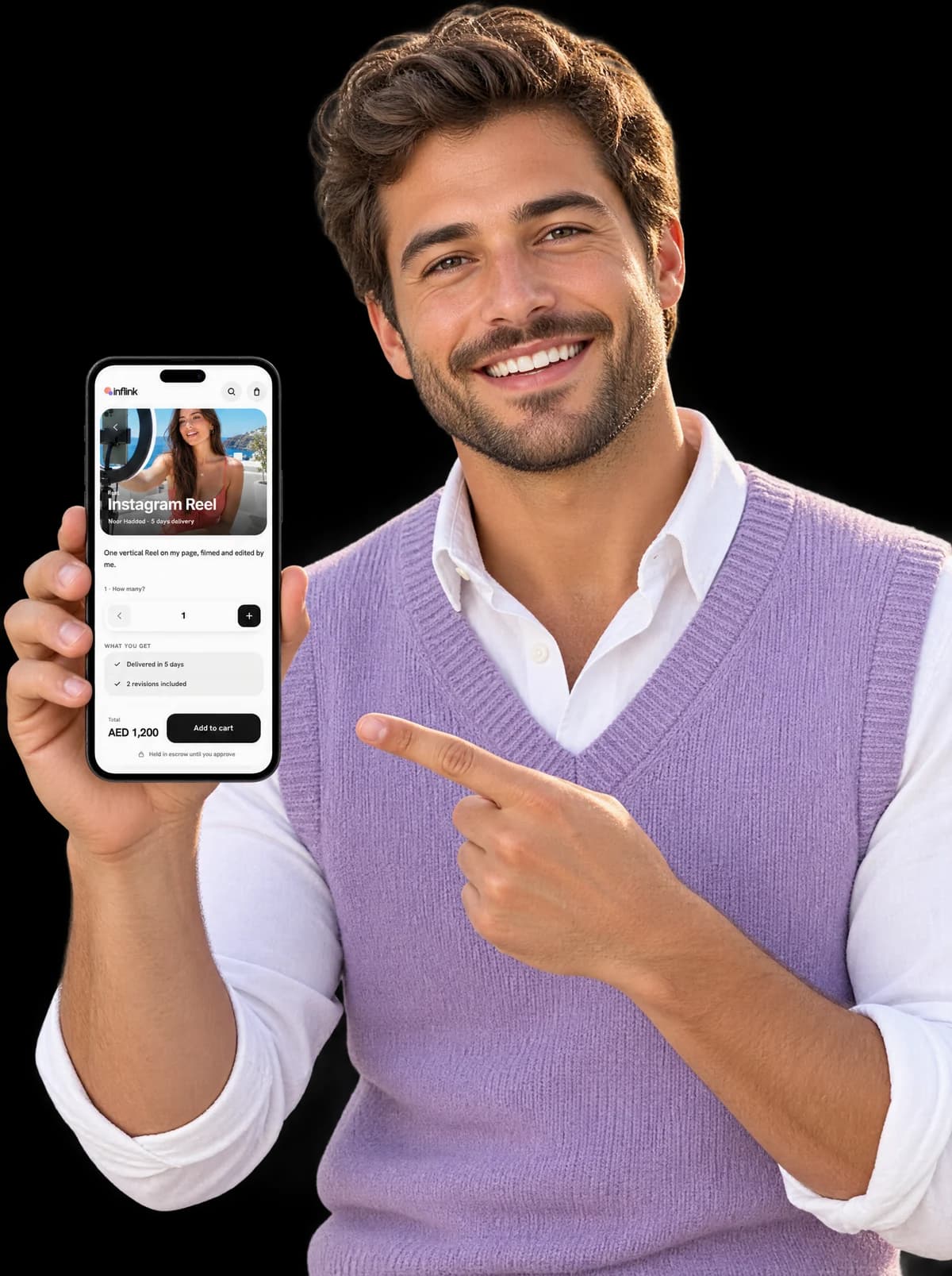 A brand founder holding a phone showing a creator's service on Inflink
