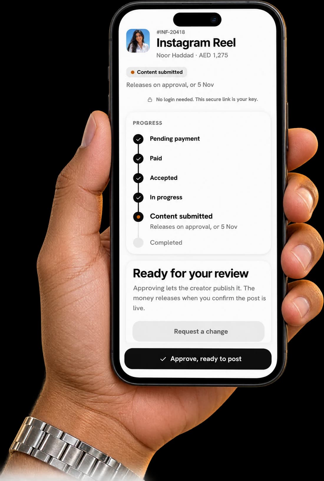 A phone showing the approval page a brand opens