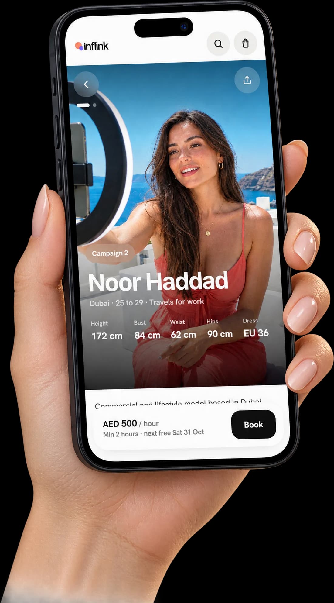 A phone showing a model card on Inflink