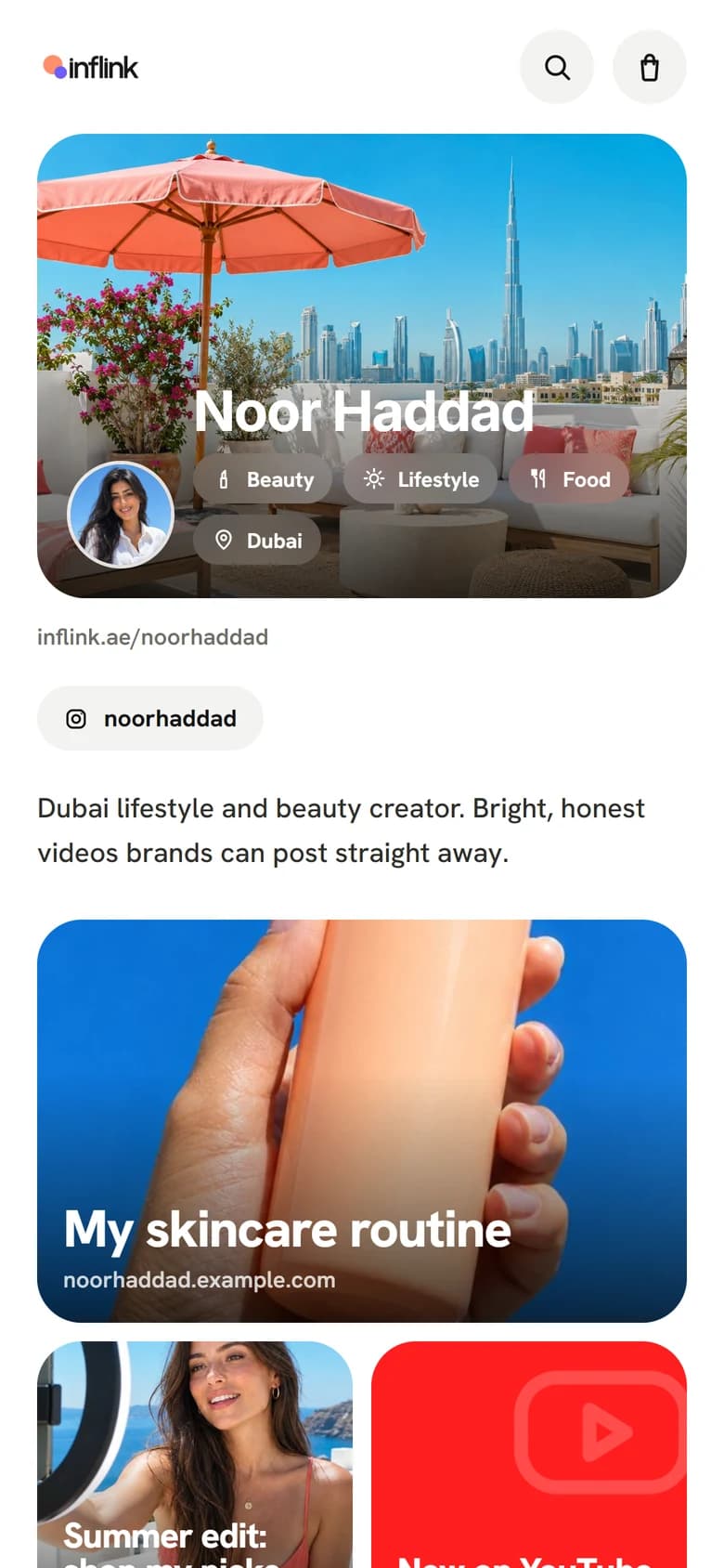 A creator page on Inflink with a grid of links