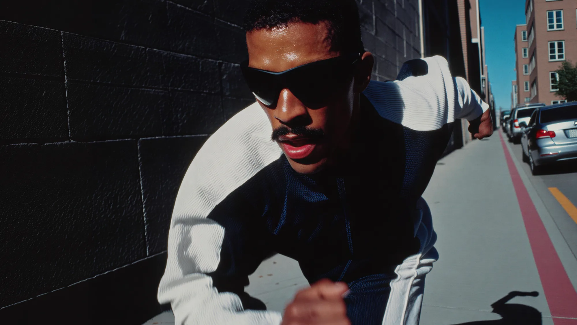 A fitness creator mid-rep with a phone propped up recording.